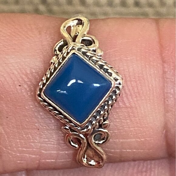 Jewelry - Ring Size 8 Blue Chalcedony Diamond Cabochon Smooth Sterling Silver 925 Women Se